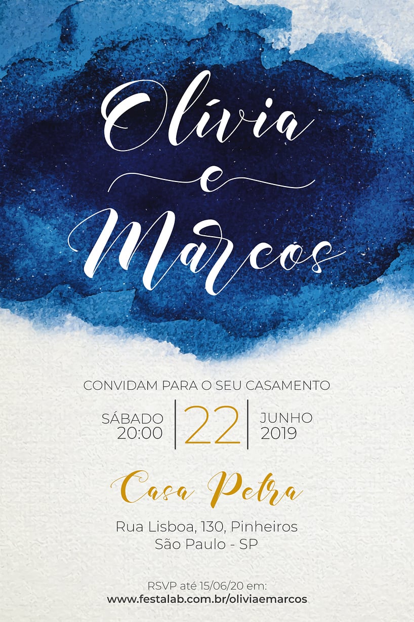 Modelo de Convite de Casamento - Aquarela Azul Convite Aquarela Azul grátis para editar