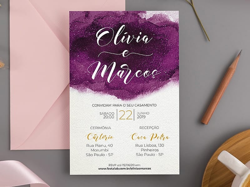 Modelo de Convite de Casamento - Aquarela Crie seu convite de casamento - Aquarela| FestaLab