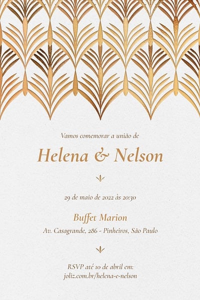 Modelo de Convite de Casamento - Arabescos dourado Convite Arabescos dourado grátis para editar