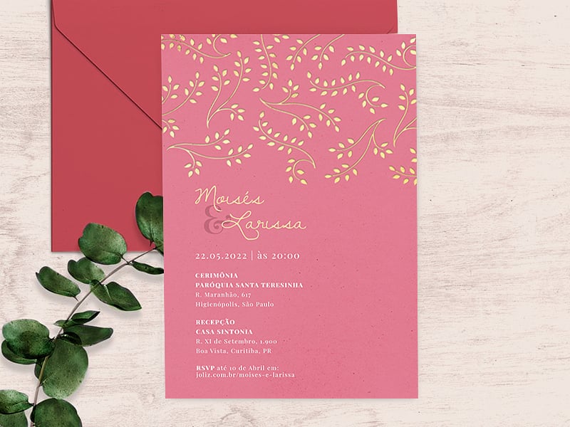 Convite de Casamento Arranjo de folhas: Rosa