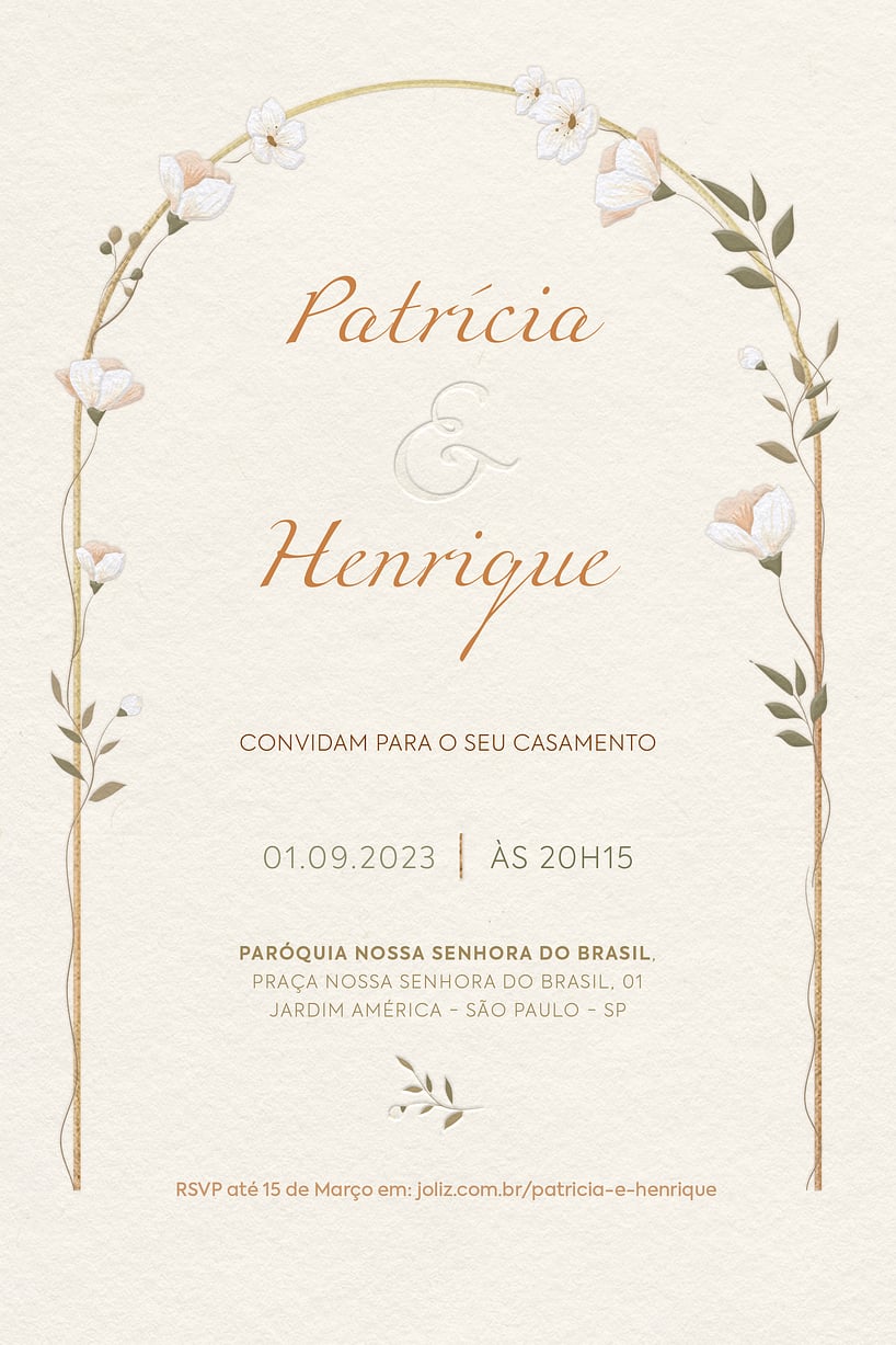 Modelo de Convite de Casamento - Arranjo Pe?ssego e Flores Brancas Convite Arranjo Pêssego e Flores Brancas grátis para editar
