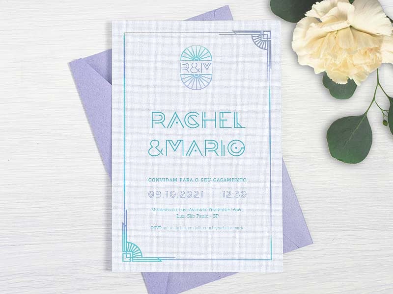 Crie seu convite de casamento - Art Deco Azul Lilás| FestaLab