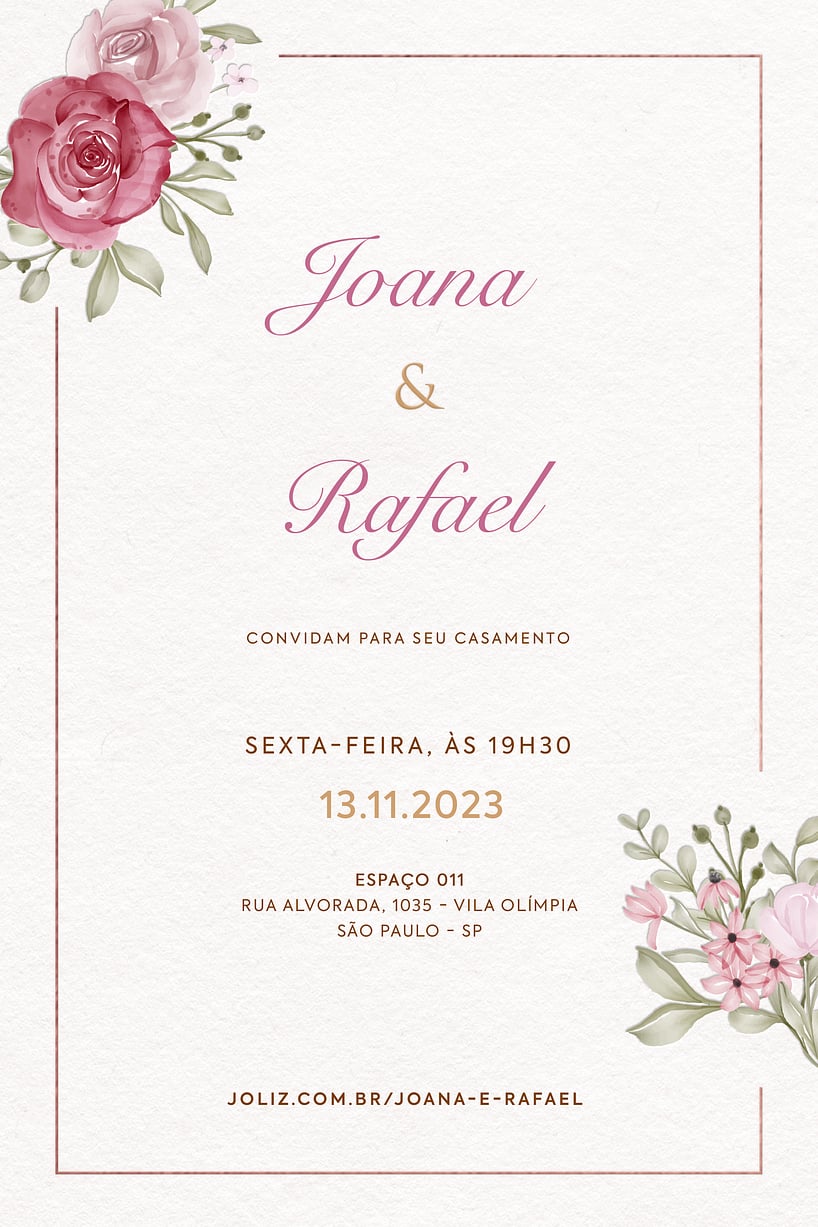 Modelo de Convite de Casamento - Buque rosa e dourado Convite Buquê rosa e dourado grátis para editar