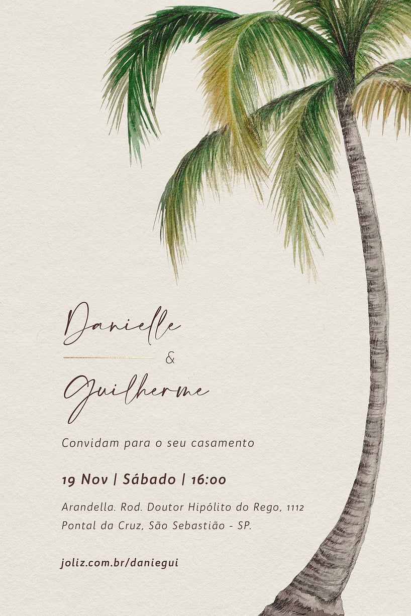 Modelo de Convite de Casamento - Coqueiro Aquarelado Convite Coqueiro Aquarelado grátis para editar