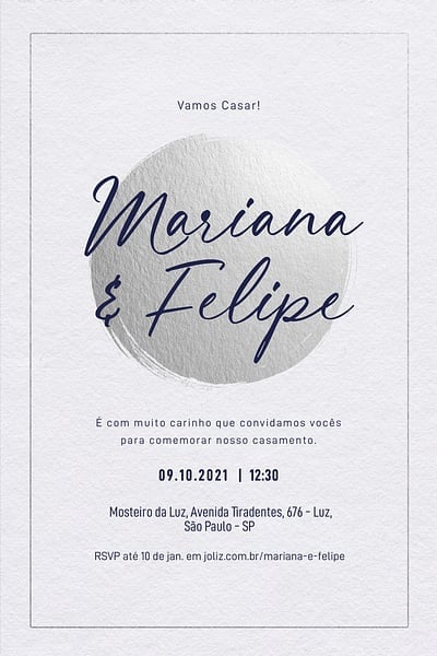 Modelo de Convite de Casamento - Circulo Prateado Minimalista Convite Circulo Prateado Minimalista grátis para editar