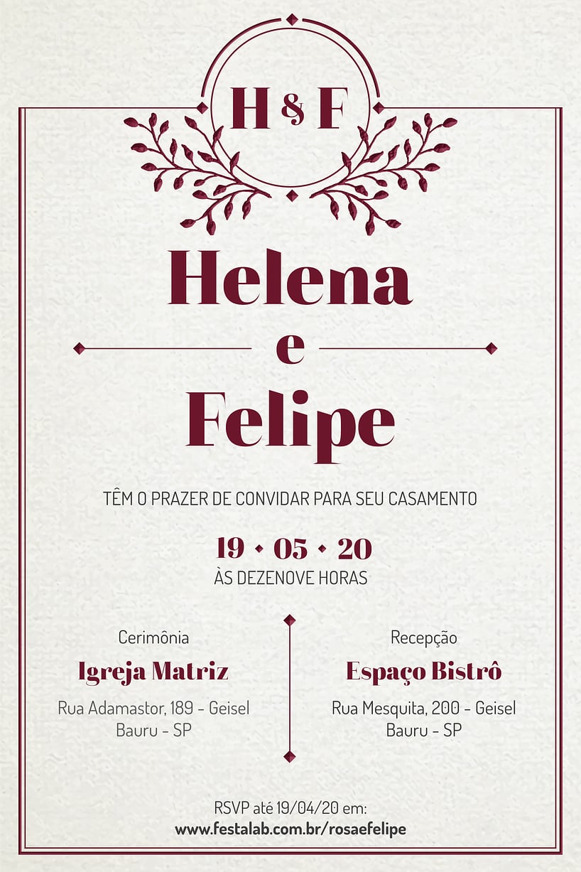 Convite Classico Marsala grátis para editar