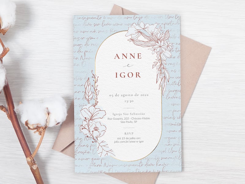 Crie seu convite de casamento - Floral minimalista azul| FestaLab