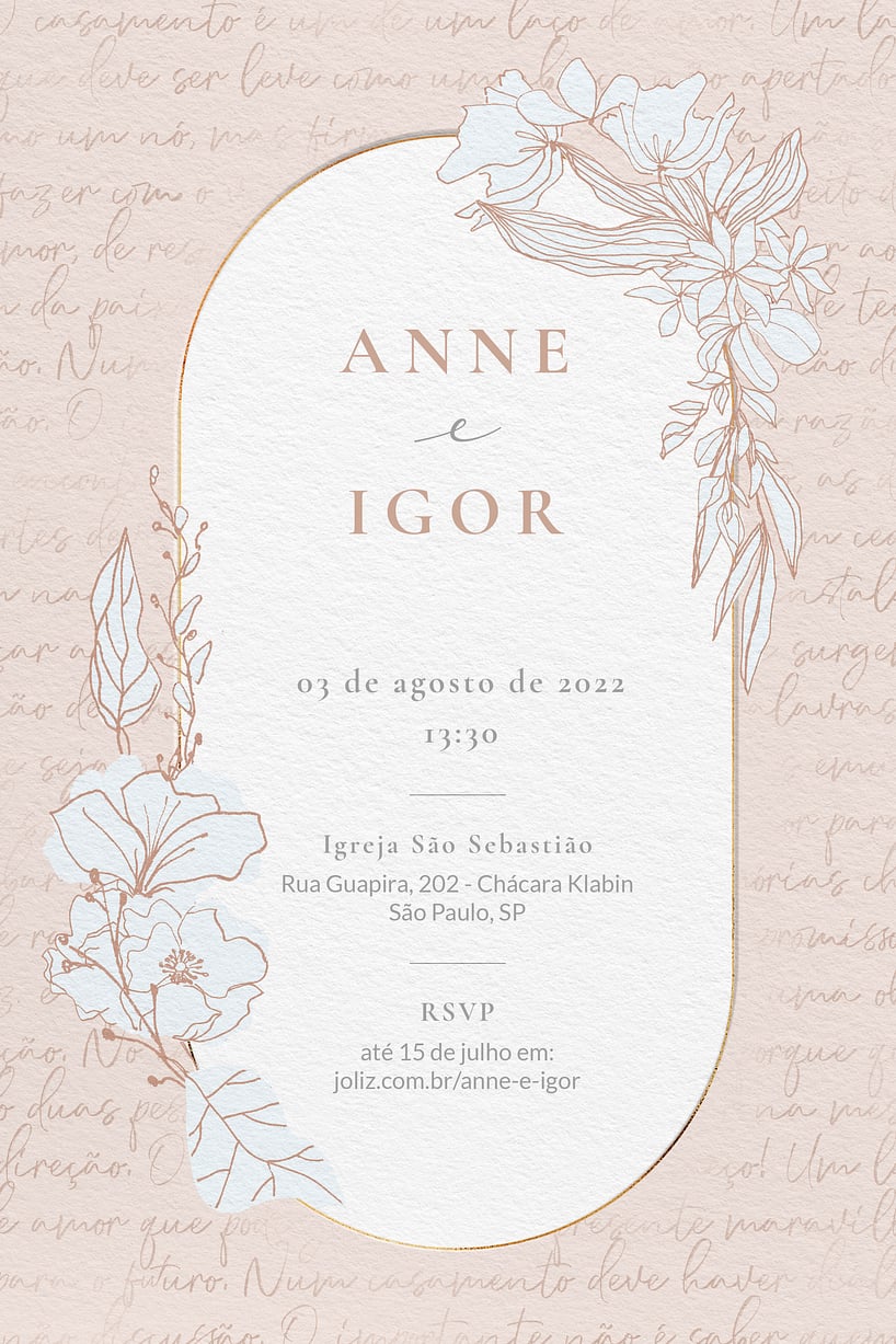 Modelo de Convite de Casamento - Floral minimalista rose Convite Floral minimalista rose grátis para editar