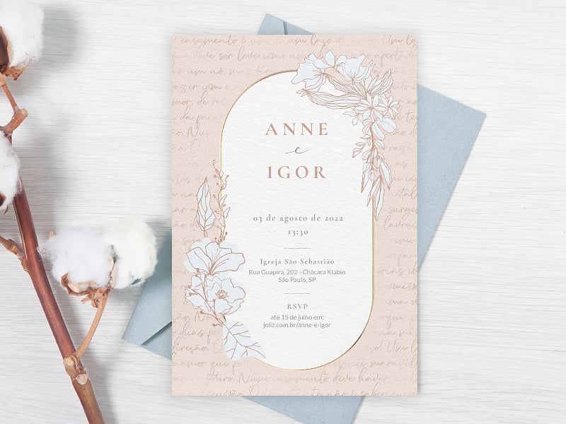 Crie seu convite de casamento - Floral minimalista rose| FestaLab