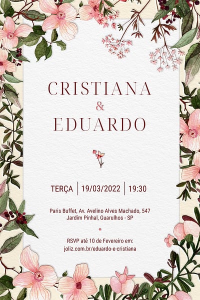 Modelo de Convite de Casamento - Floral rosa Convite Floral rosa grátis para editar