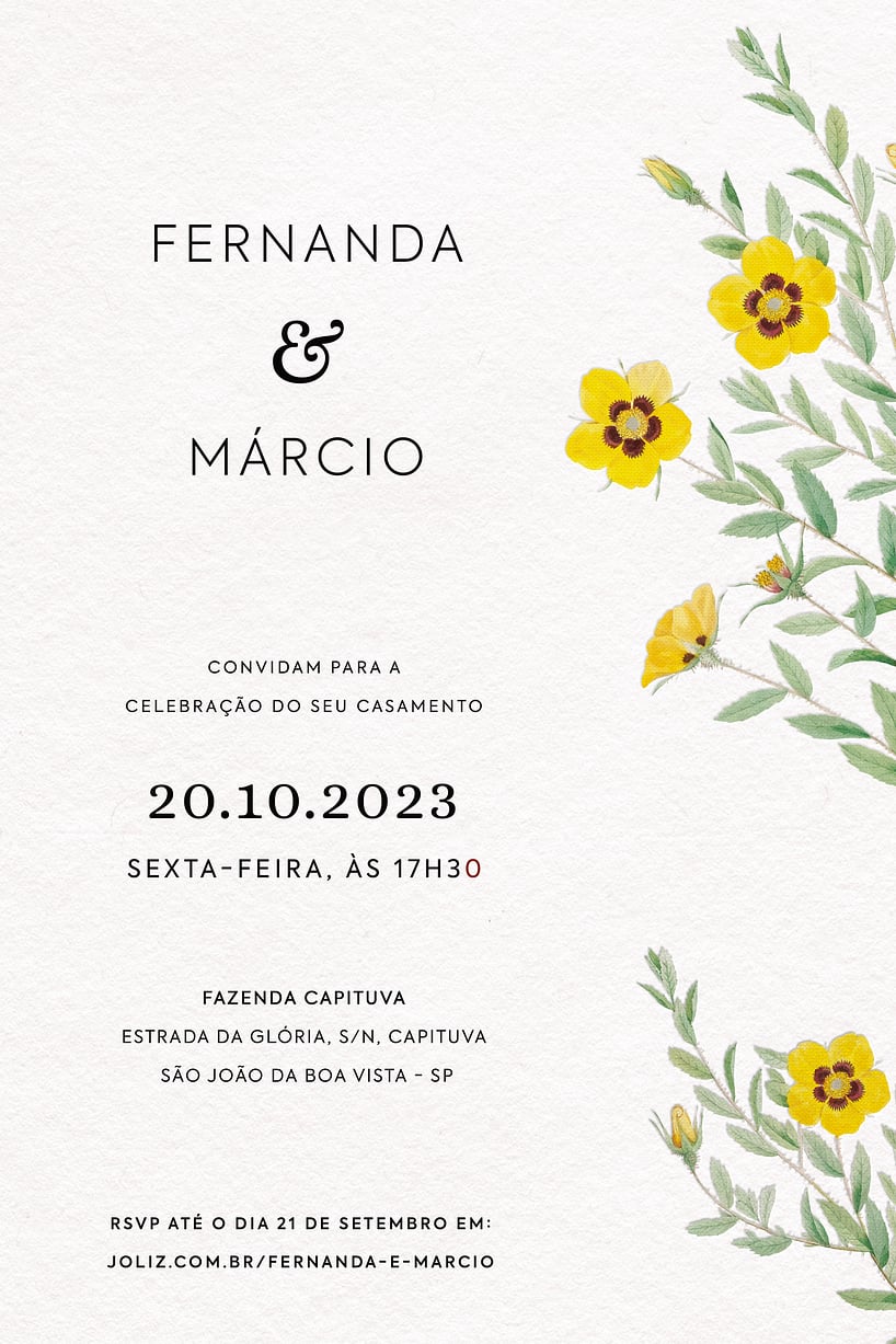 Convite de Casamento - Flores amarelas minimalistas