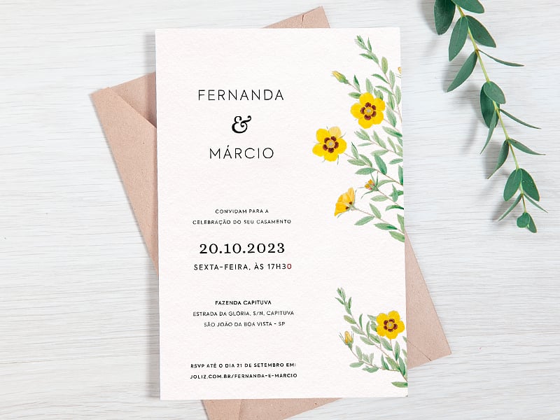 Modelo de Convite de Casamento - Flores amarelas minimalistas Crie seu convite de casamento - Flores amarelas minimalistas| FestaLab