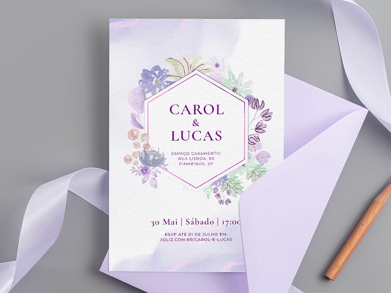 Crie seu convite de casamento - Flores aquarela lilás| FestaLab