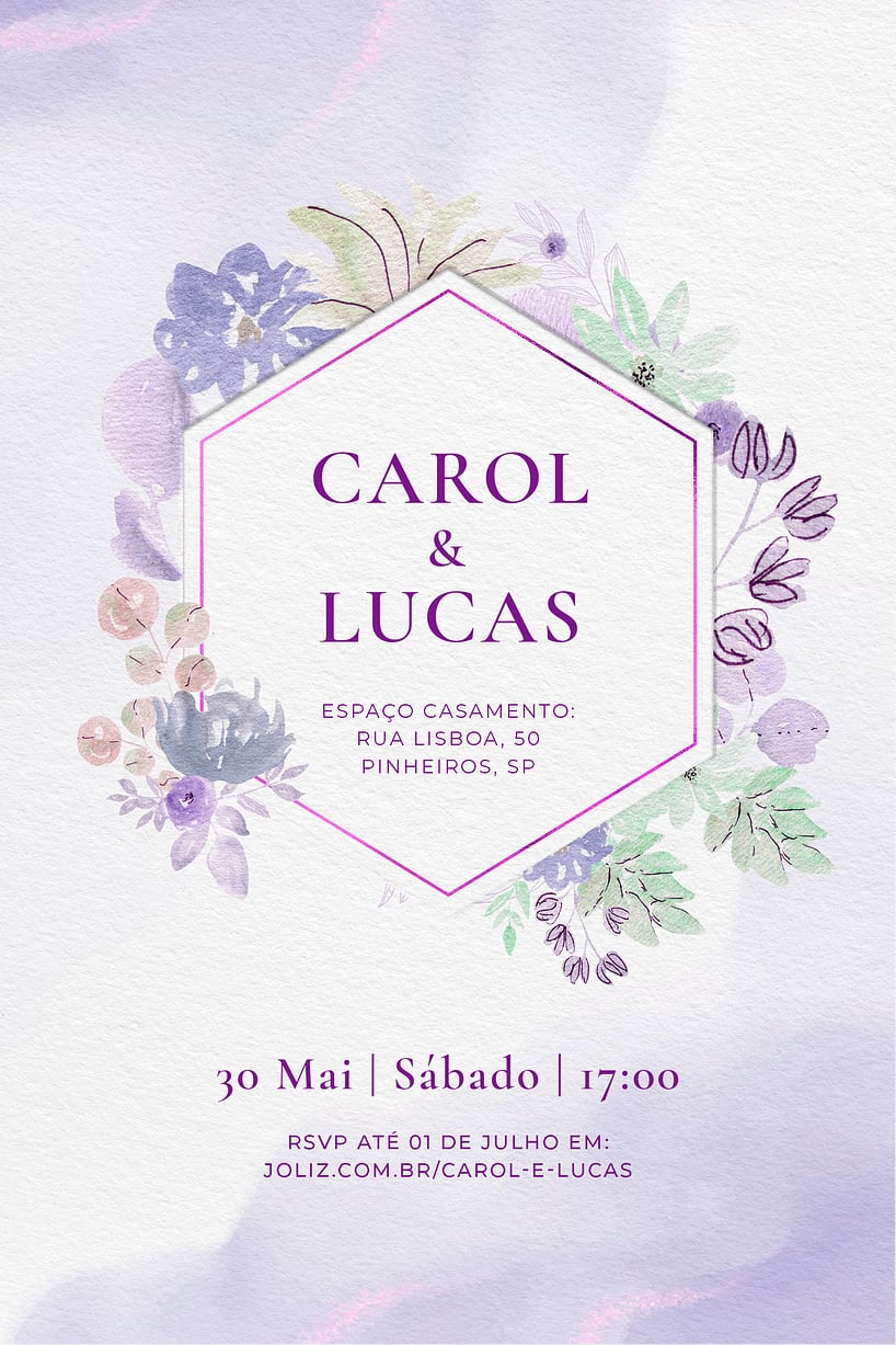 Modelo de Convite de Casamento - Flores aquarela lilas Convite Flores aquarela lilás grátis para editar