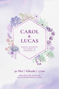Modelo de Convite de Casamento - Flores aquarela lilas Convite Flores aquarela lilás grátis para editar