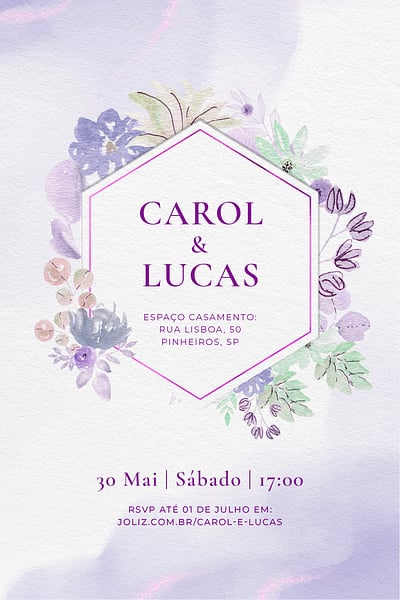 Modelo de Convite de Casamento - Flores aquarela lilas Convite Flores aquarela lilás grátis para editar
