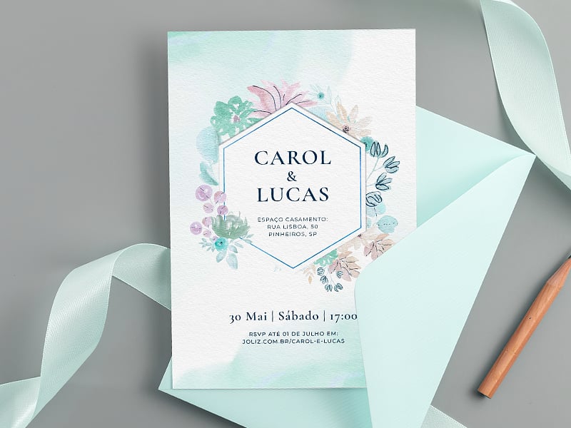 Crie seu convite de casamento - Flores aquarela verde| FestaLab