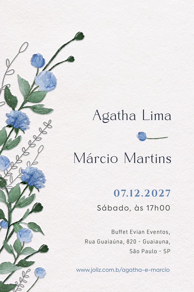 Modelo de Convite de Casamento - Flores azul Convite Flores azul grátis para editar