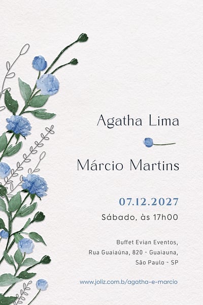 Modelo de Convite de Casamento - Flores azul Convite Flores azul grátis para editar
