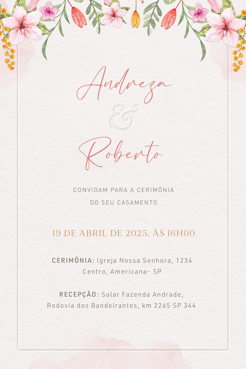 Modelo de Convite de Casamento - Flores em Primavera Convite Flores em Primavera grátis para editar