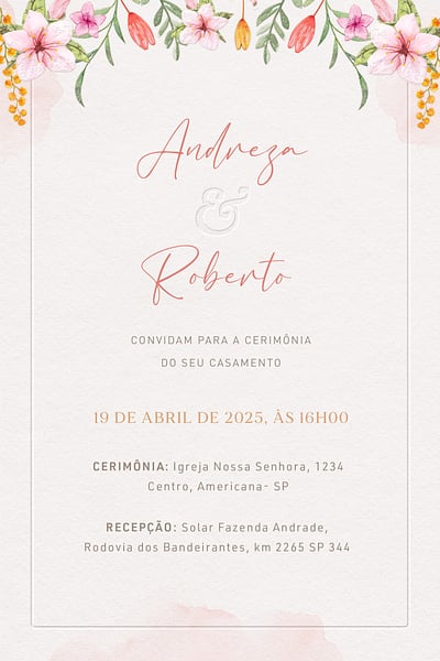 Modelo de Convite de Casamento - Flores em Primavera Convite Flores em Primavera grátis para editar
