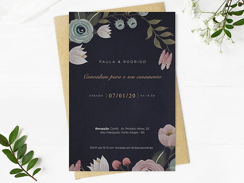 Crie seu convite de casamento - Flores Escuro| FestaLab