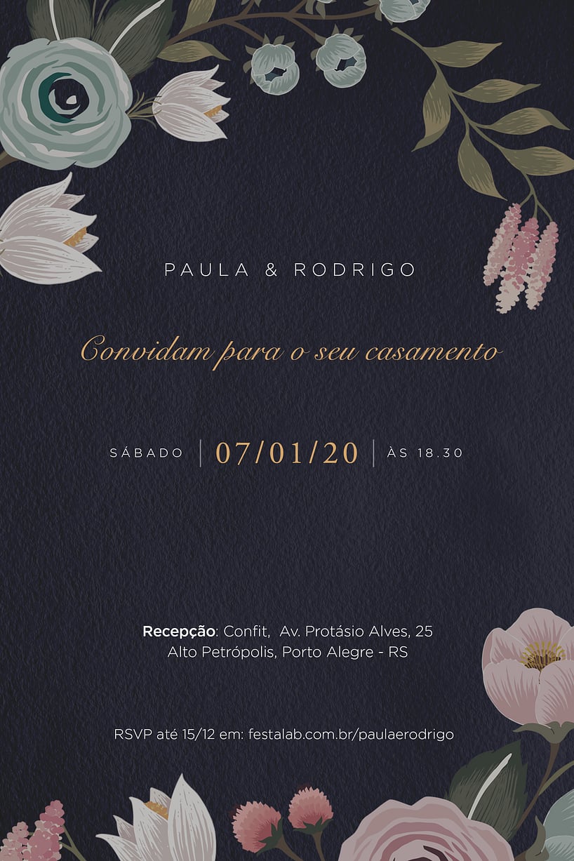 Modelo de Convite de Casamento - Flores Escuro Convite Flores Escuro grátis para editar