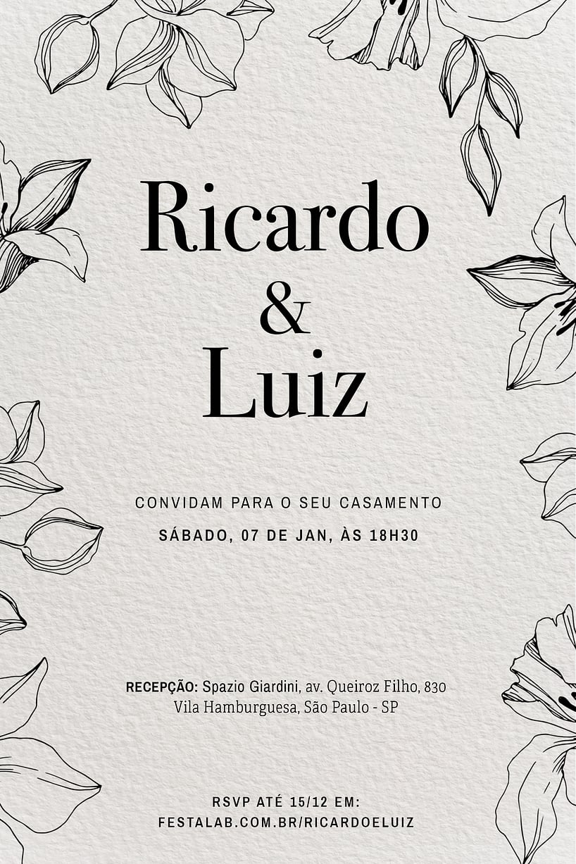 Modelo de Convite de Casamento - Flores Romantico Convite Flores Romântico grátis para editar