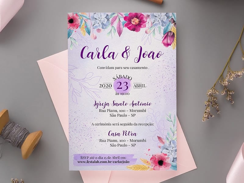 Crie seu convite de casamento - Florido moderno roxo| FestaLab
