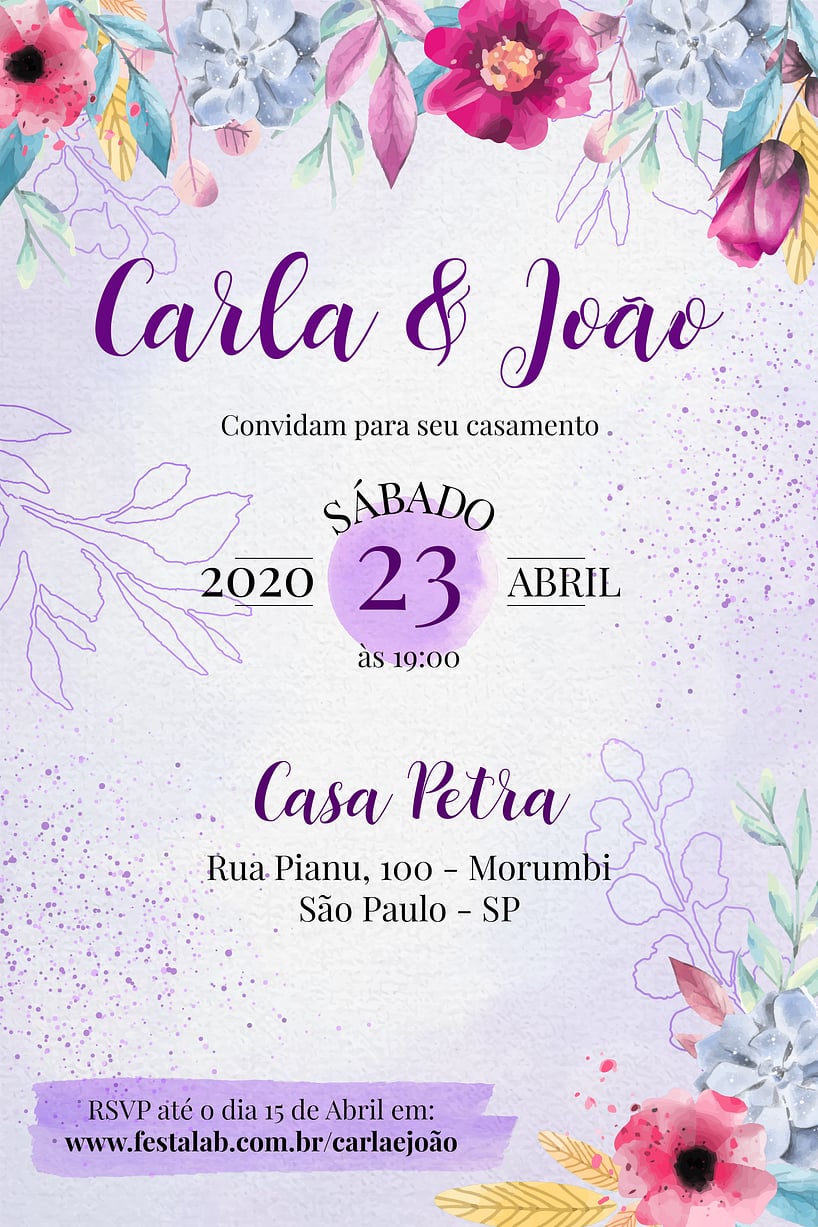 Grátis - Fazer convite online convite digital Casamento Minimalista Boho  Chic com detalhes em roxo