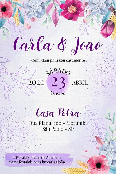 Modelo de Convite de Casamento - Florido moderno roxo Convite Florido moderno roxo grátis para editar