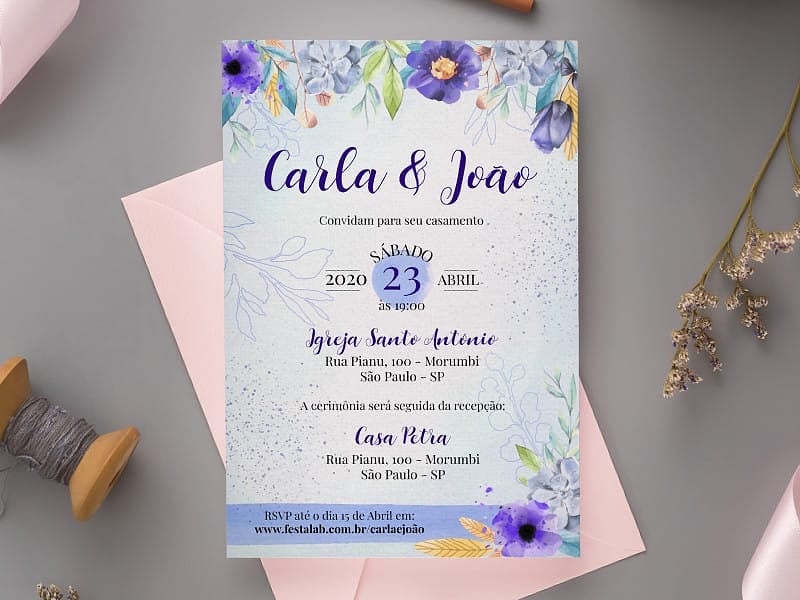 Convite de Casamento - Florido roxo