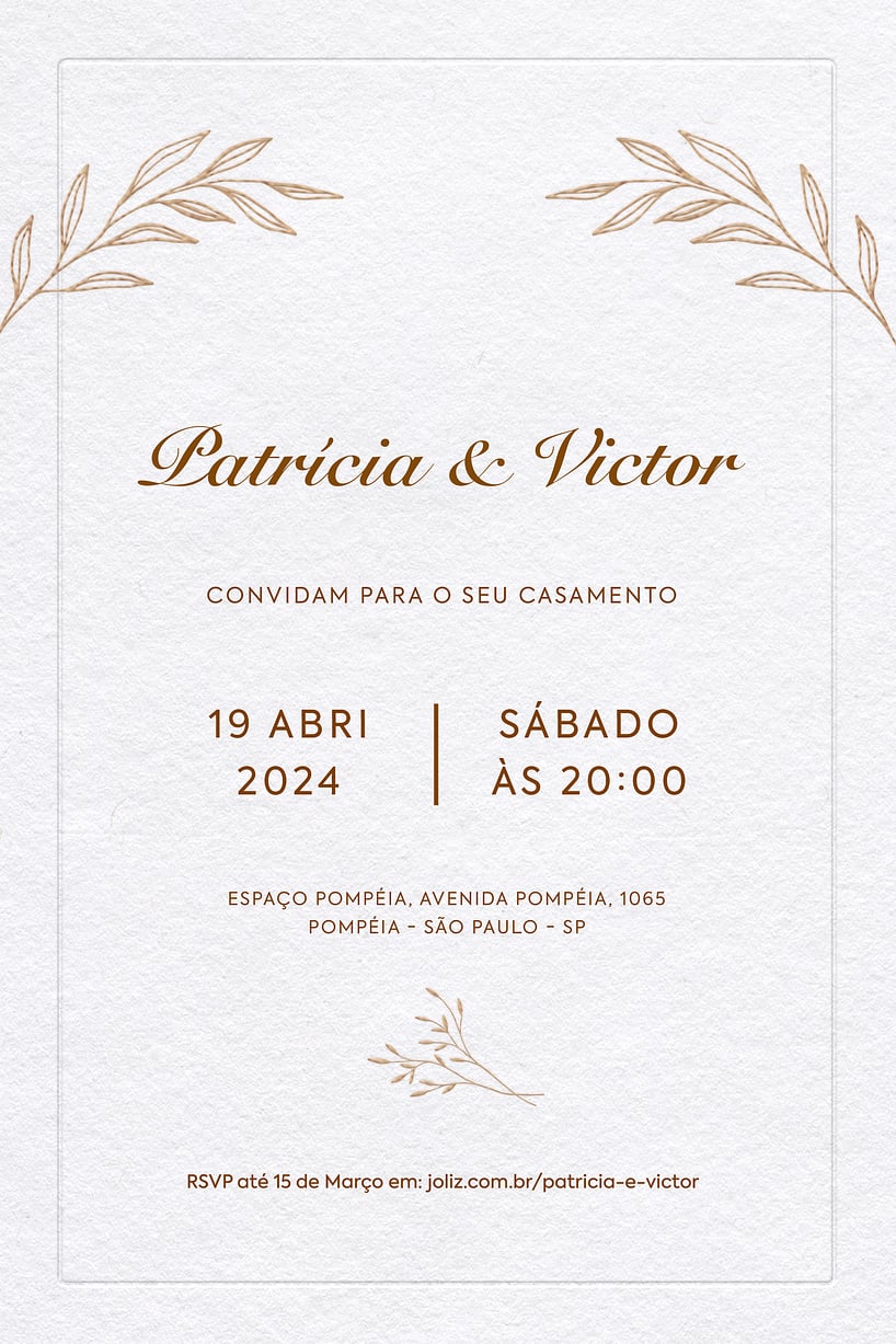 Modelo de Convite de Casamento - Folhagem Luxuosa Dourada Convite Folhagem Luxuosa Dourada grátis para editar