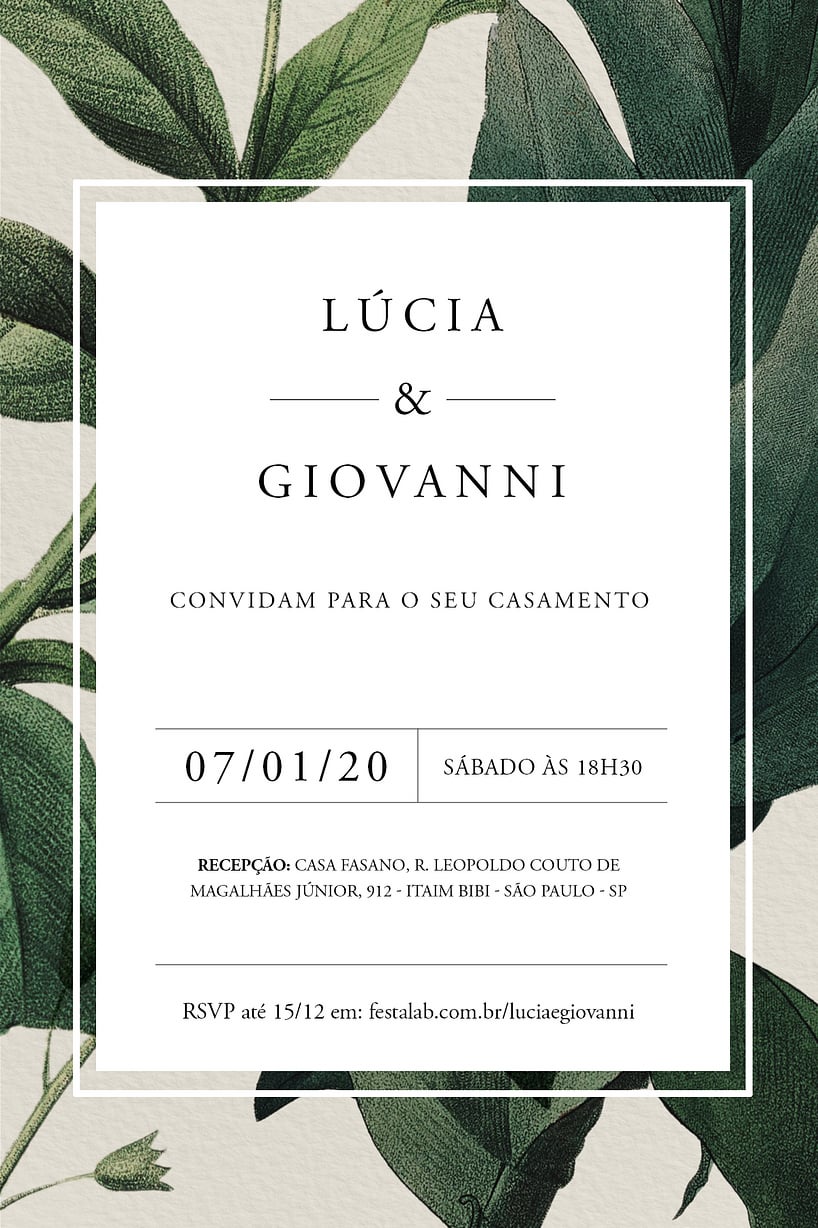 Modelo de Convite de Casamento - Folhagem Moderno Convite Folhagem Moderno grátis para editar