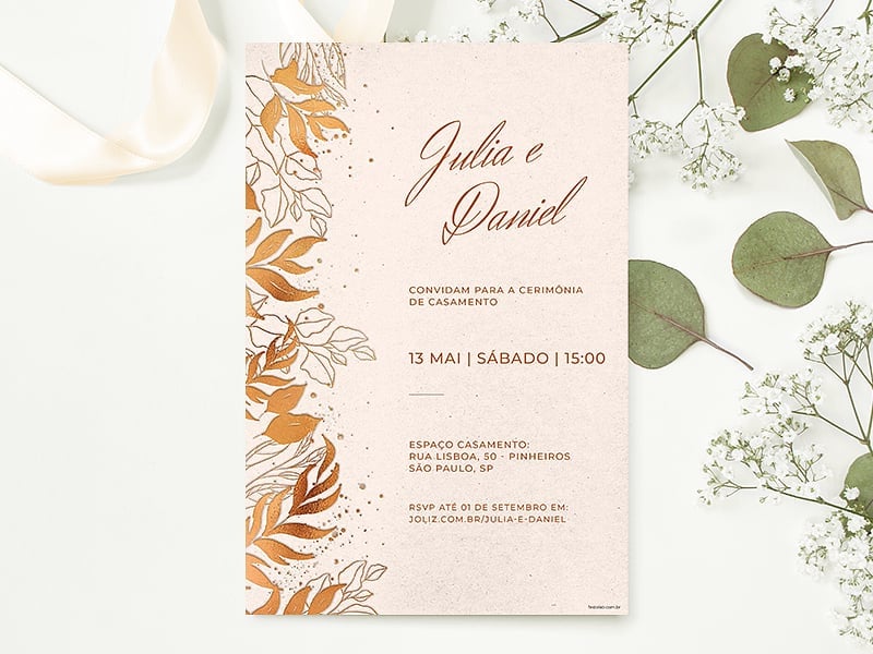 Crie seu convite de casamento - Folhas minimalistas dourado| FestaLab