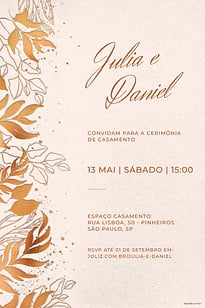 Convite Folhas minimalistas dourado grátis para editar
