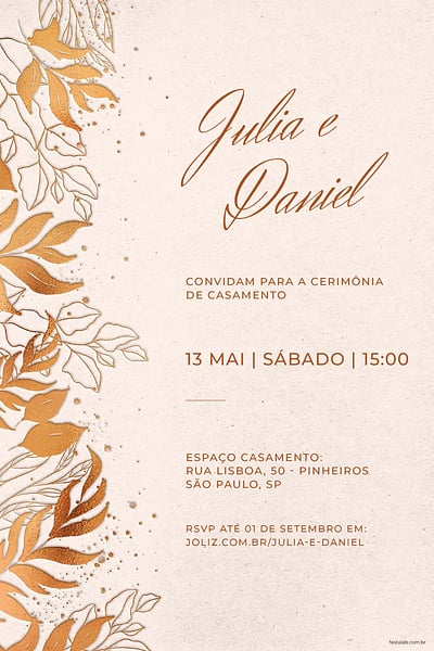 Modelo de Convite de Casamento - Folhas minimalistas dourado Convite Folhas minimalistas dourado grátis para editar