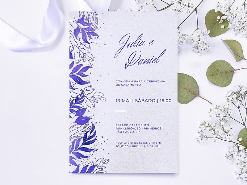 Crie seu convite de casamento - Folhas minimalistas lilás| FestaLab