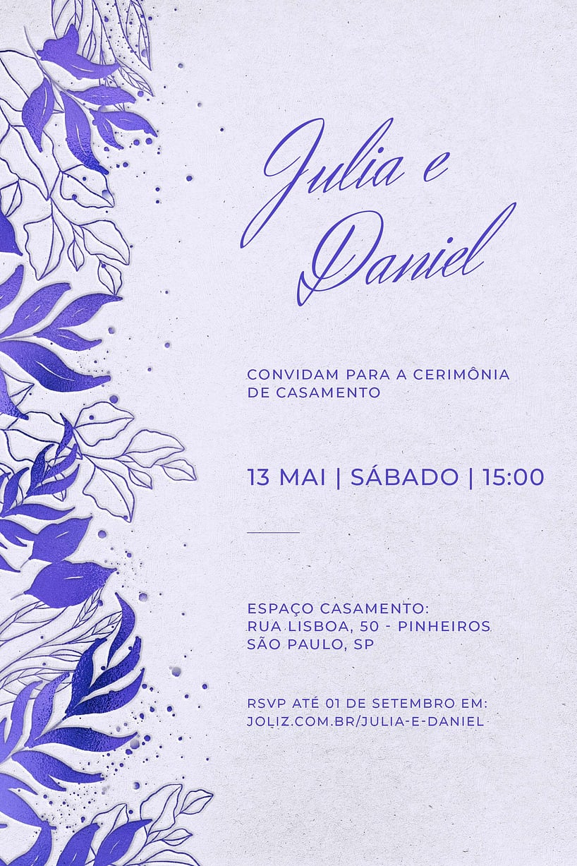 Convite de Casamento - Folhas minimalistas lilas