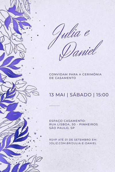 Modelo de Convite de Casamento - Folhas minimalistas lilas Convite Folhas minimalistas lilás grátis para editar
