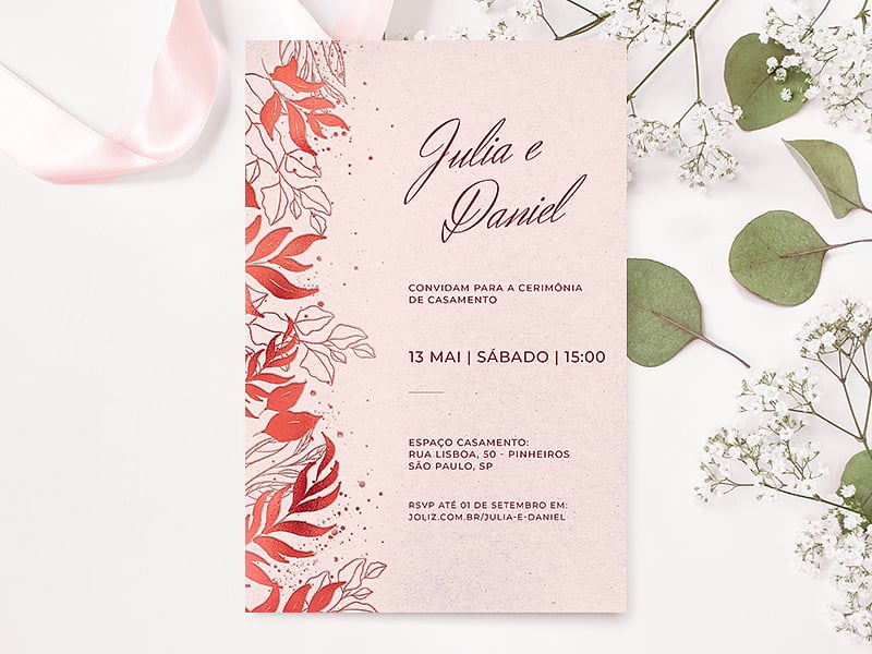 Crie seu convite de casamento - Folhas minimalistas vermelho| FestaLab