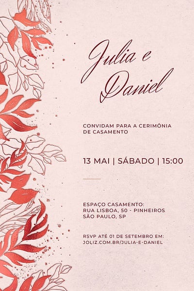 Modelo de Convite de Casamento - Folhas minimalistas vermelho Convite Folhas minimalistas vermelho grátis para editar