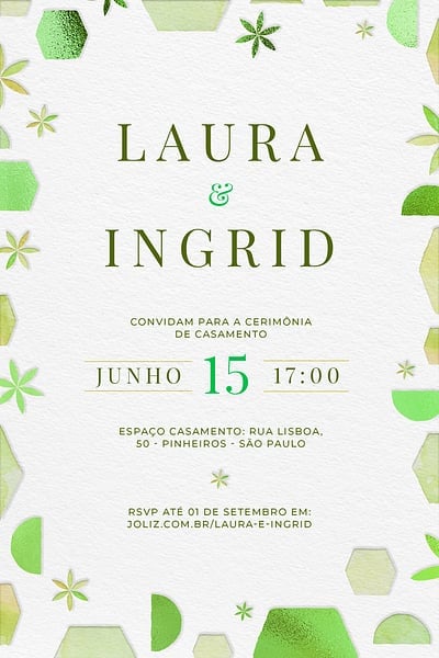 Modelo de Convite de Casamento - Formas verdes Convite Formas verdes grátis para editar