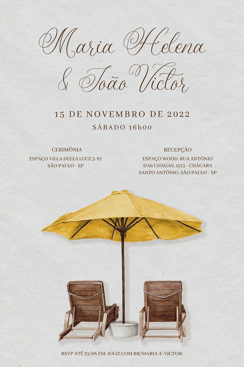Modelo de Convite de Casamento - Guarda Sol Amarelo Convite Guarda Sol Amarelo grátis para editar