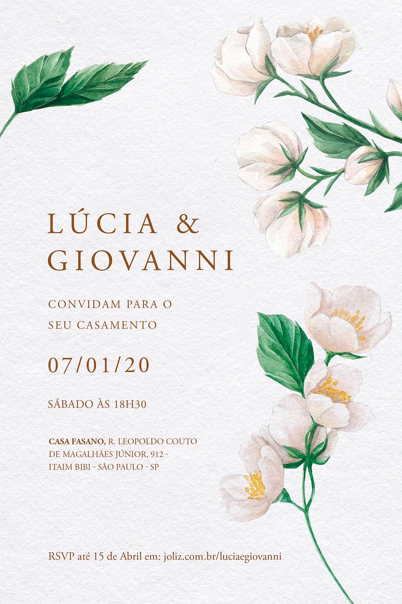 Convite de Casamento - Jasmim aquarela delicado