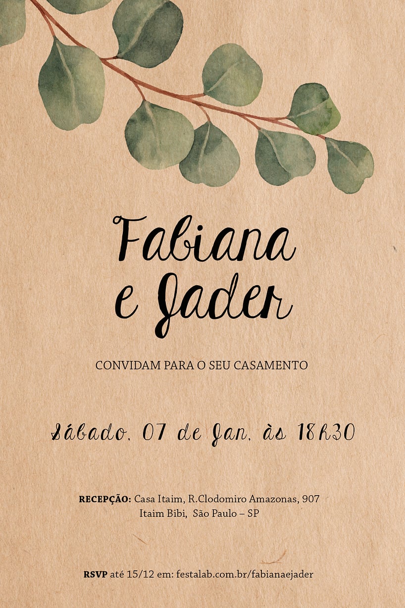 Modelo de Convite de Casamento - Kraft Delicado Convite Kraft Delicado grátis para editar