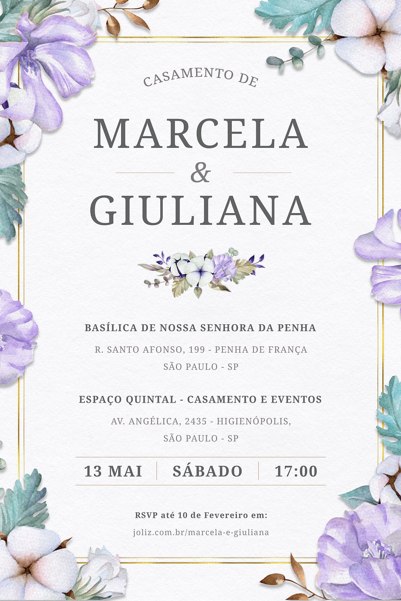 Modelo de Convite de Casamento - Lirios & Flores Lilas Convite Lirios & Flores Lilas grátis para editar