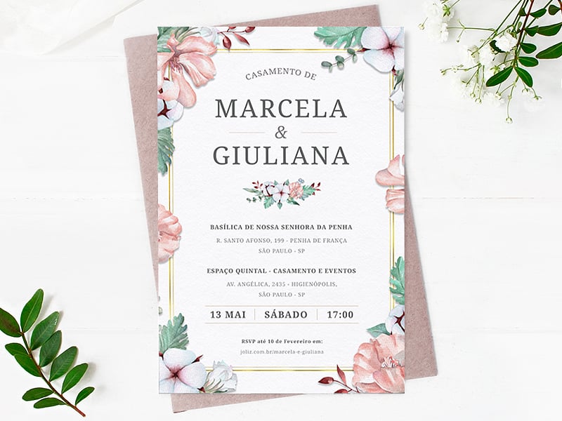 Convite de Casamento - Lirios e Flores rosa