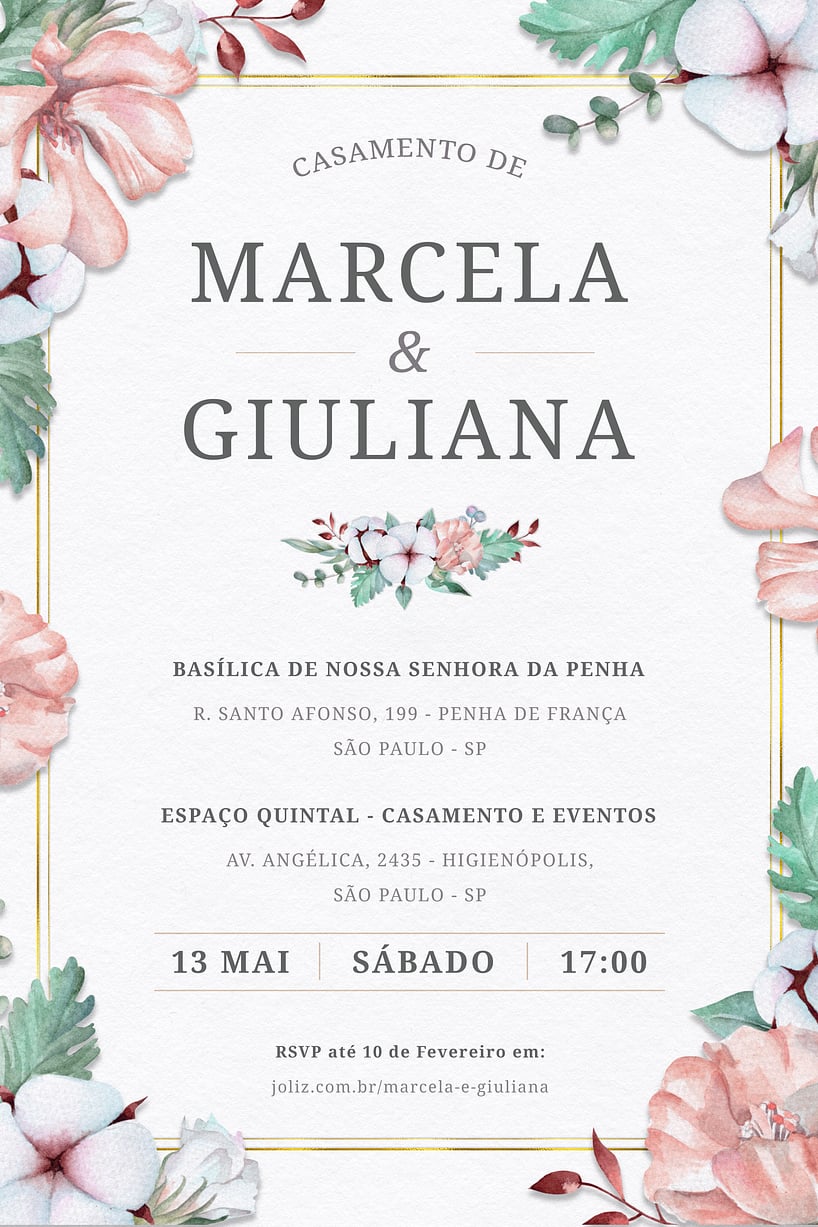 Modelo de Convite de Casamento - Lirios e Flores rosas Convite Lirios e Flores rosas grátis para editar