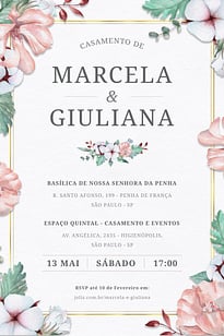 Modelo de Convite de Casamento - Lirios e Flores rosas Convite Lirios e Flores rosas grátis para editar